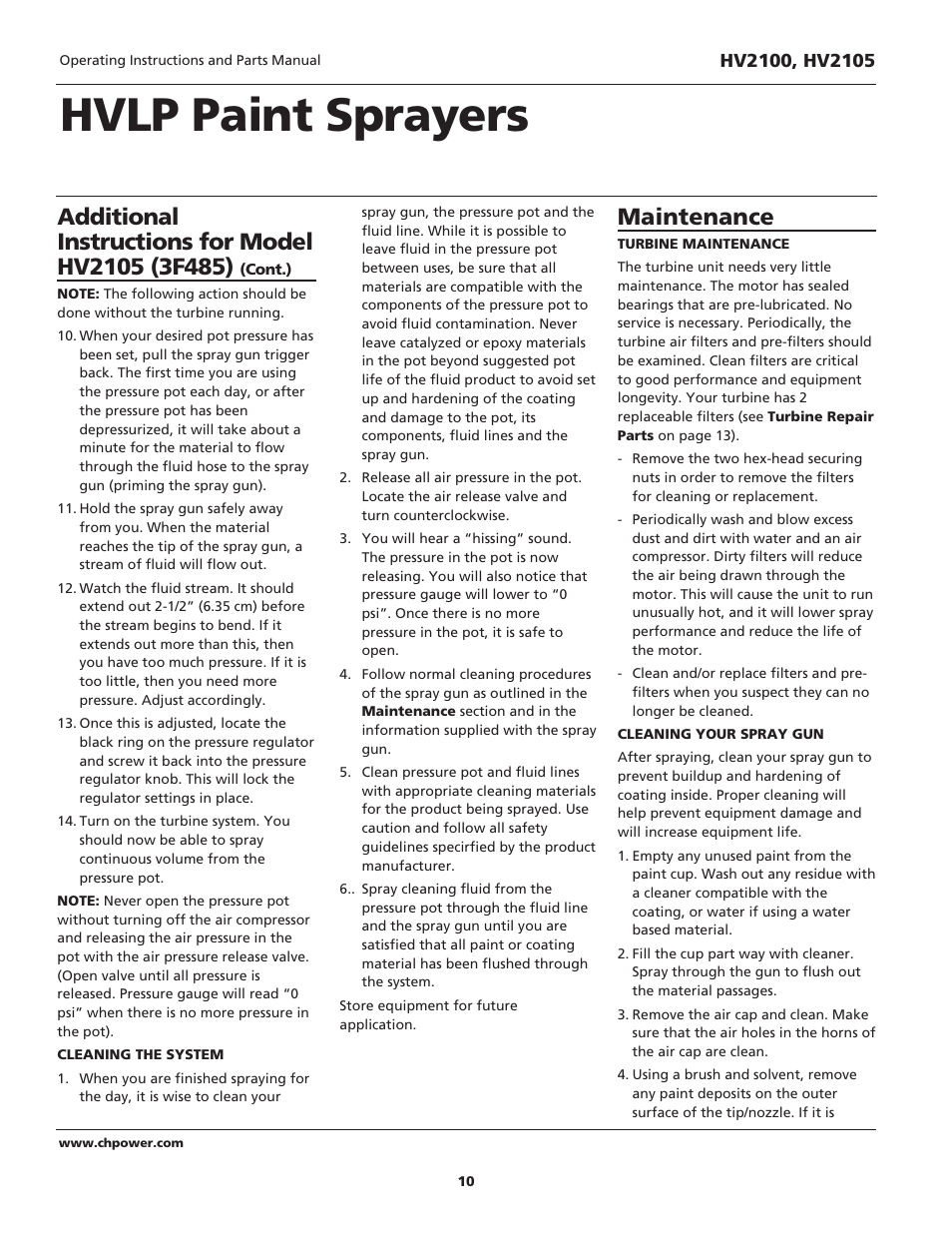 Hvlp paint sprayers, Maintenance | Campbell Hausfeld HV2105 User Manual | Page 10 / 20