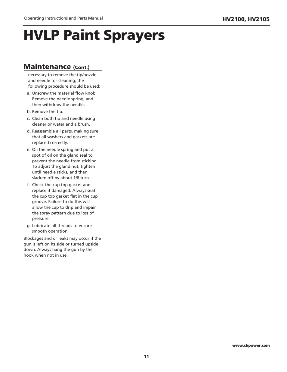 Hvlp paint sprayers, Maintenance | Campbell Hausfeld HV2105 User Manual | Page 11 / 20