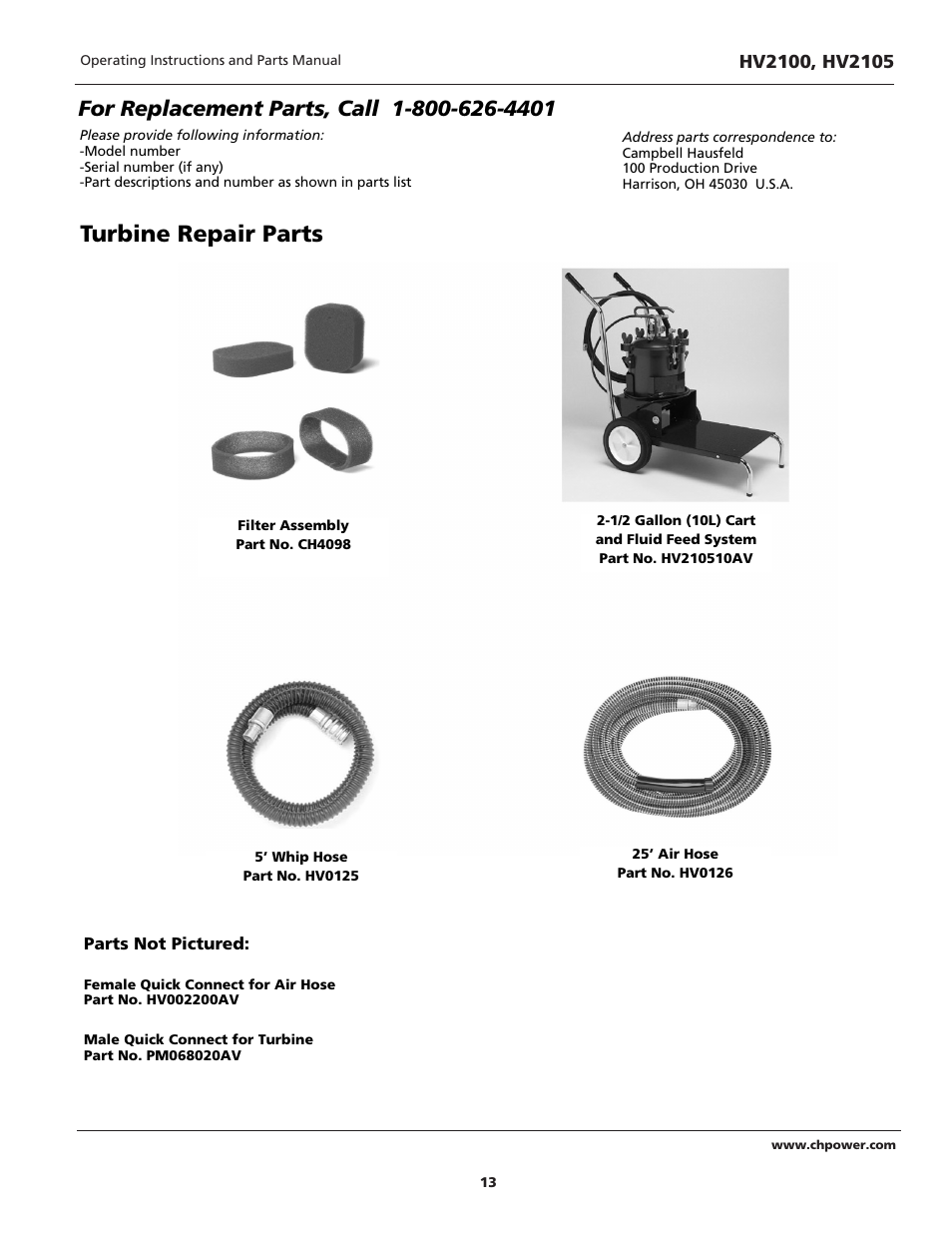 Turbine repair parts | Campbell Hausfeld HV2105 User Manual | Page 13 / 20