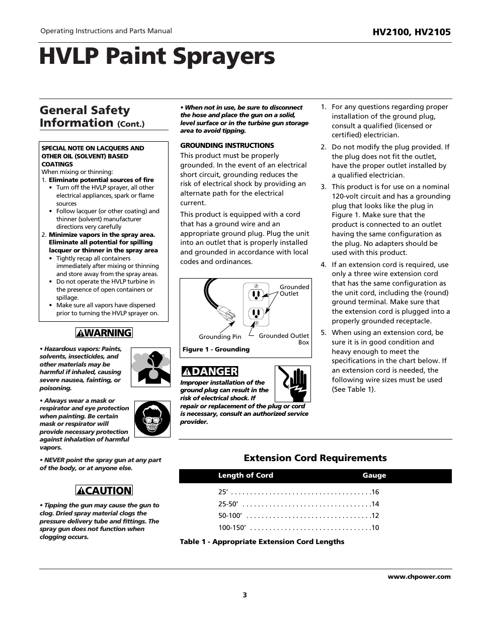 Hvlp paint sprayers, General safety information, Caution | Danger, Warning, Extension cord requirements | Campbell Hausfeld HV2105 User Manual | Page 3 / 20