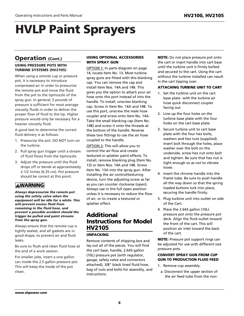 Hvlp paint sprayers, Operation, Additional instructions for model hv2105 | Warning | Campbell Hausfeld HV2105 User Manual | Page 8 / 20