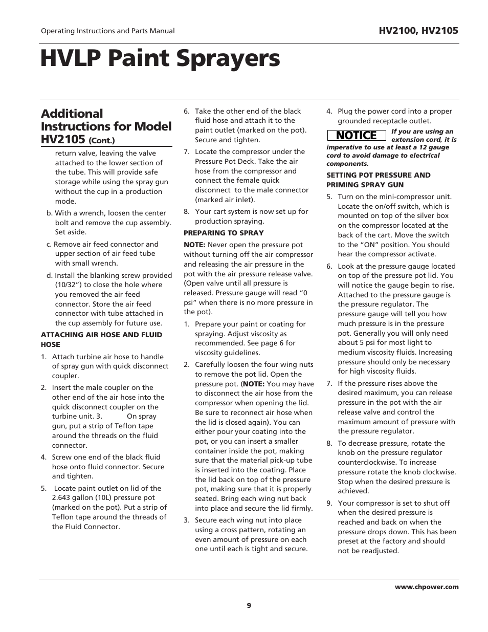 Hvlp paint sprayers, Additional instructions for model hv2105, Notice | Campbell Hausfeld HV2105 User Manual | Page 9 / 20