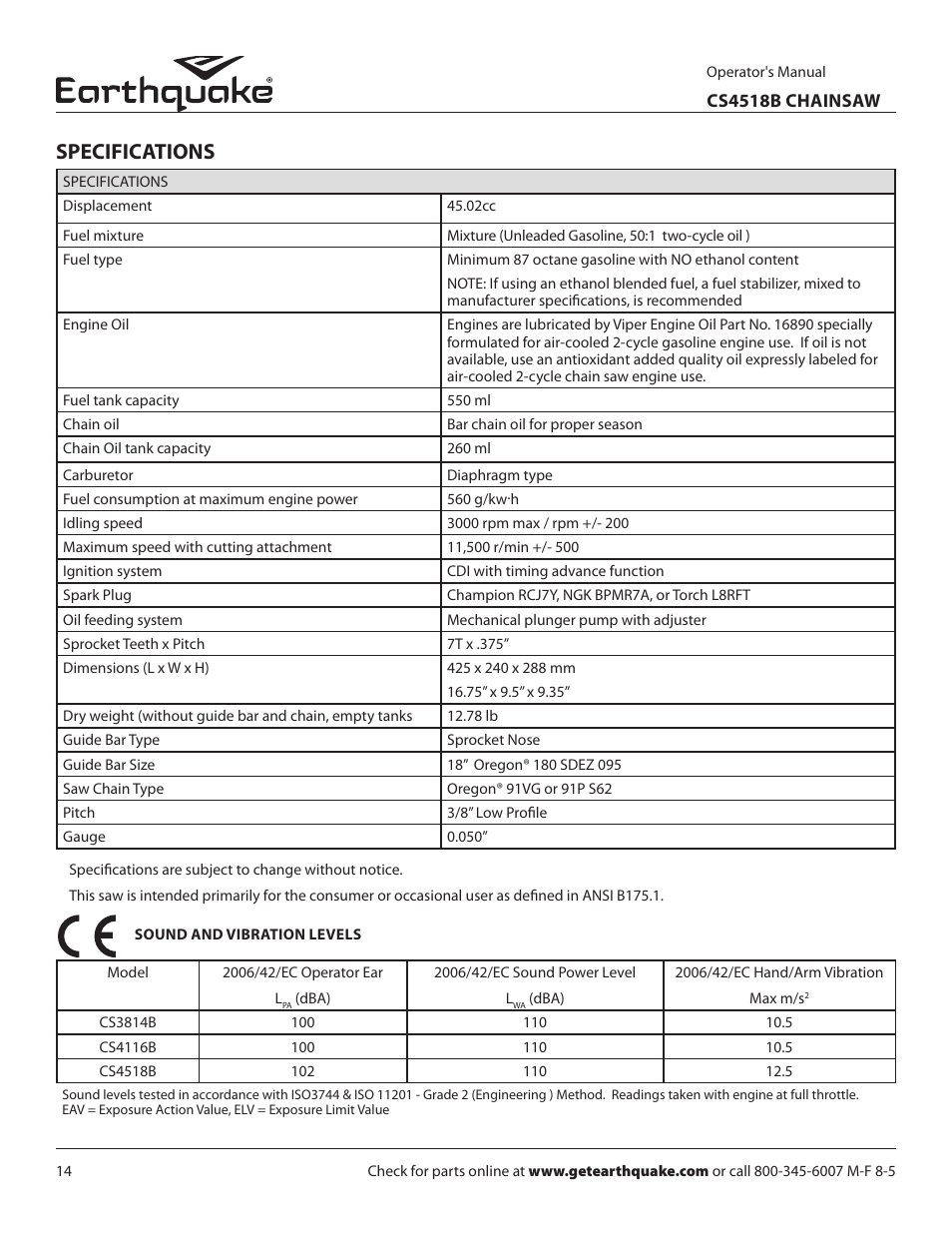 Specifications | EarthQuake CS4518B User Manual | Page 14 / 32