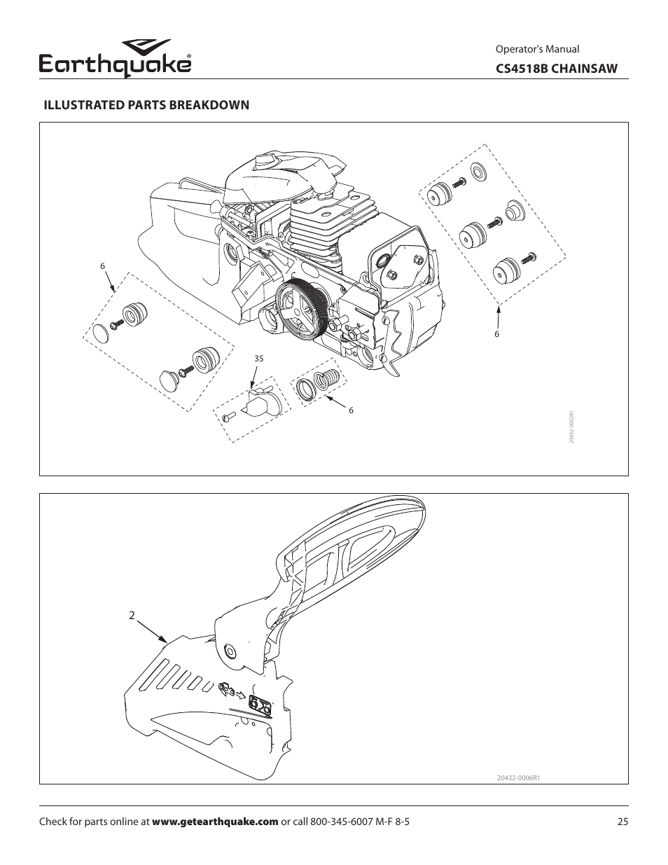 Cs4518b chainsaw illustrated parts breakdown | EarthQuake CS4518B User Manual | Page 25 / 32