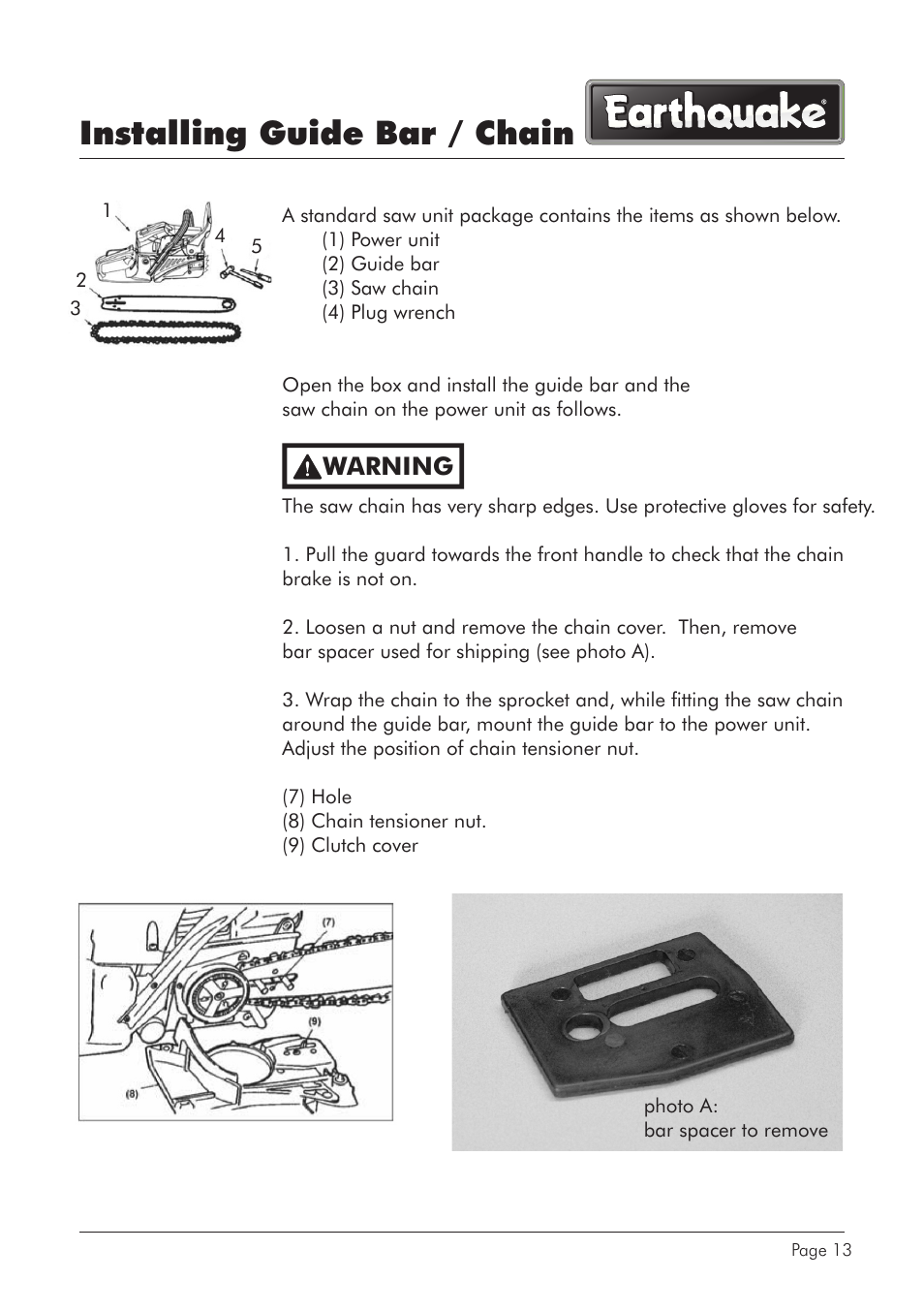Installing guide bar / chain, Warning | EarthQuake CS4518 User Manual | Page 13 / 40