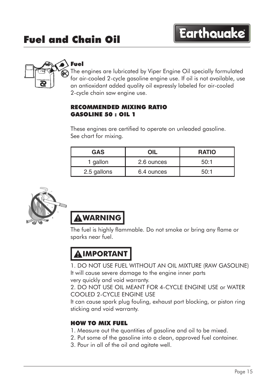 Fuel and chain oil, Warning, Important | EarthQuake CS4518 User Manual | Page 15 / 40