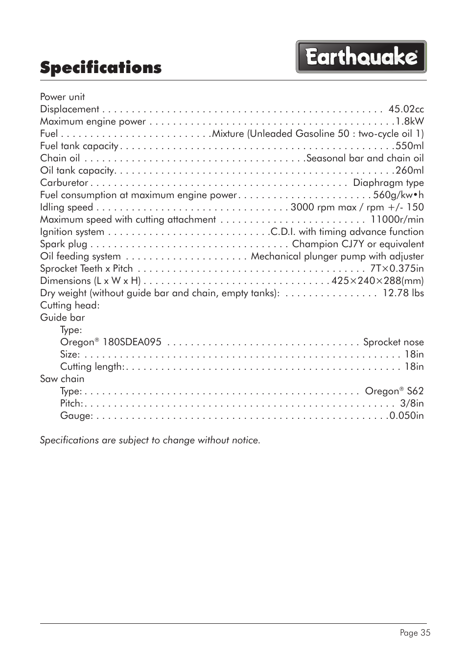 Specifications | EarthQuake CS4518 User Manual | Page 35 / 40