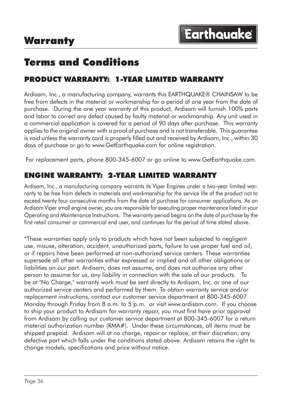 Warranty terms and conditions | EarthQuake CS4518 User Manual | Page 36 / 40