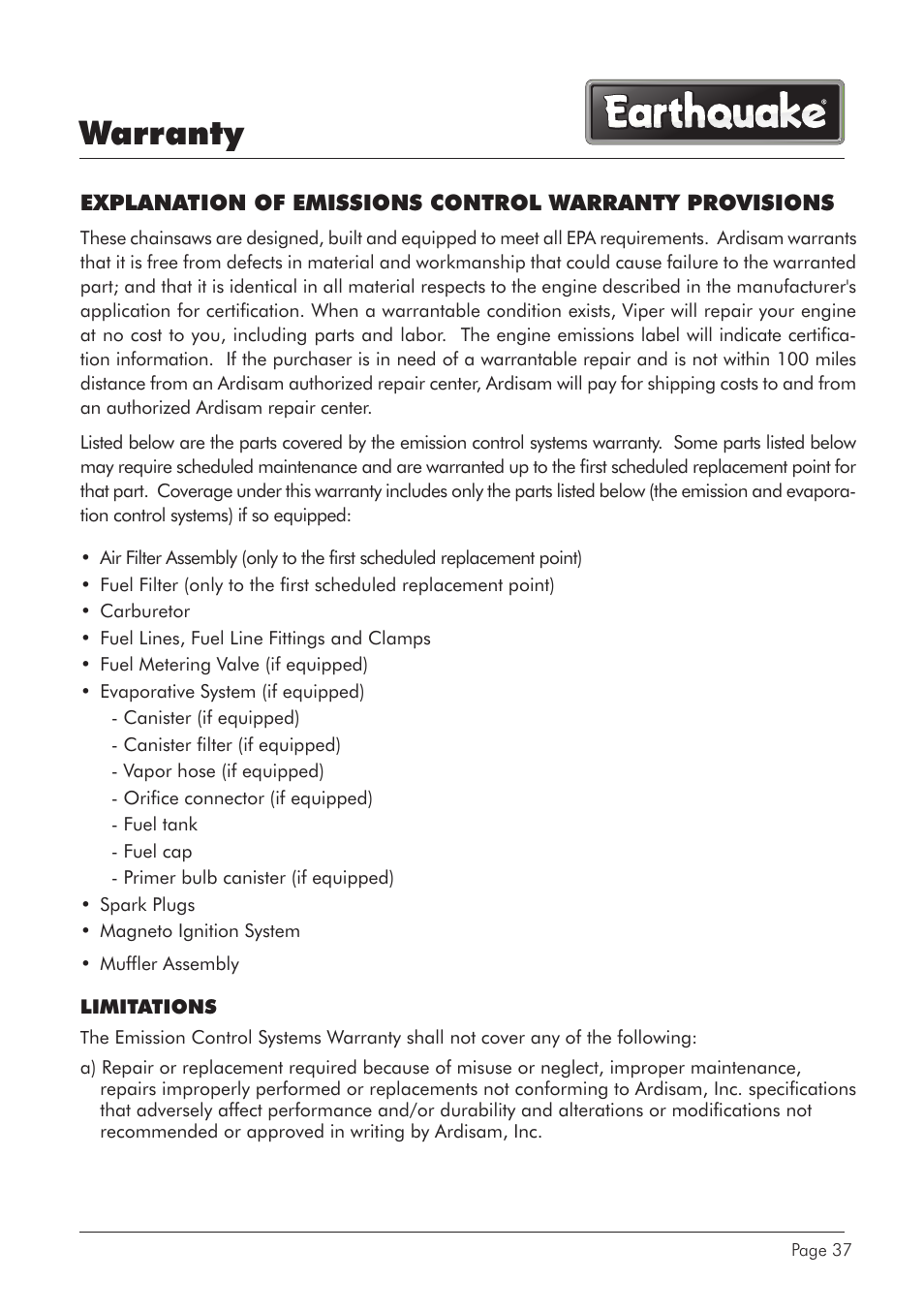 Warranty | EarthQuake CS4518 User Manual | Page 37 / 40