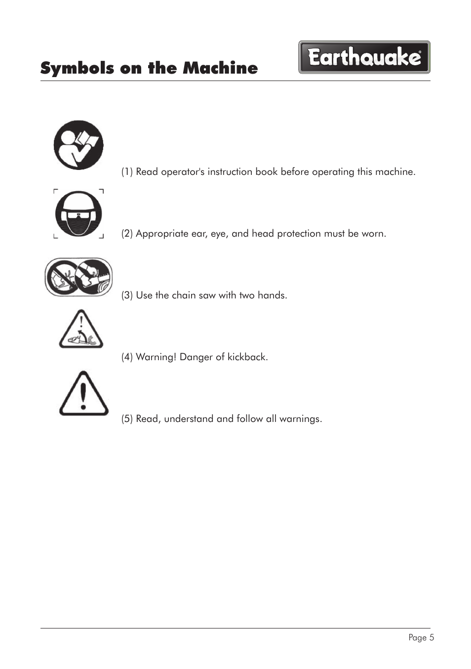 Symbols on the machine | EarthQuake CS4518 User Manual | Page 5 / 40