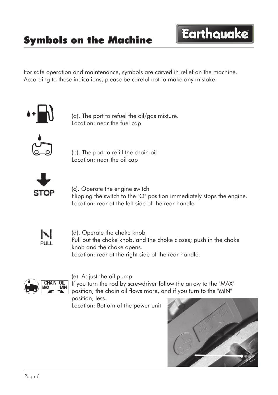 Symbols on the machine | EarthQuake CS4518 User Manual | Page 6 / 40