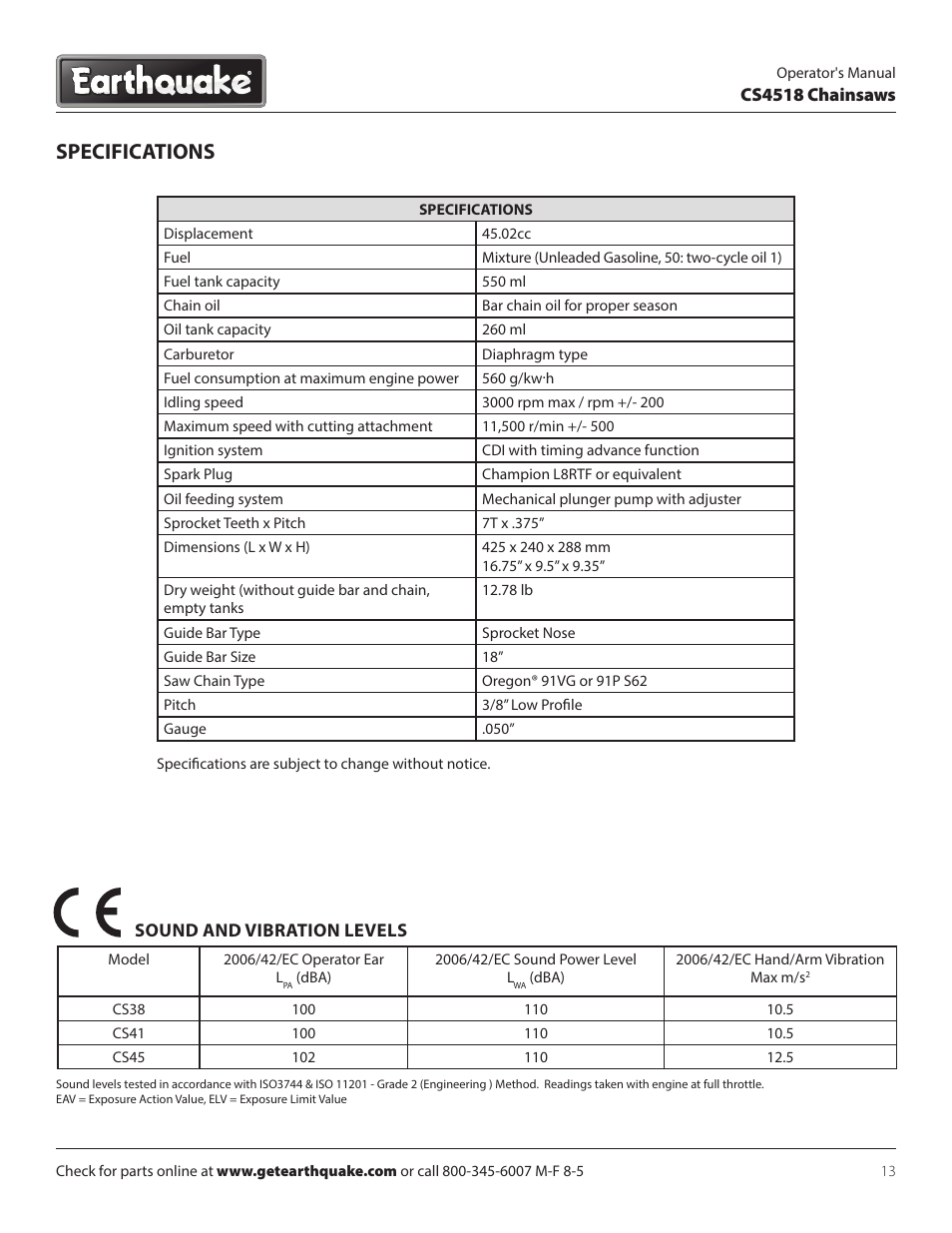 Specifications | EarthQuake CS4518 User Manual | Page 13 / 32