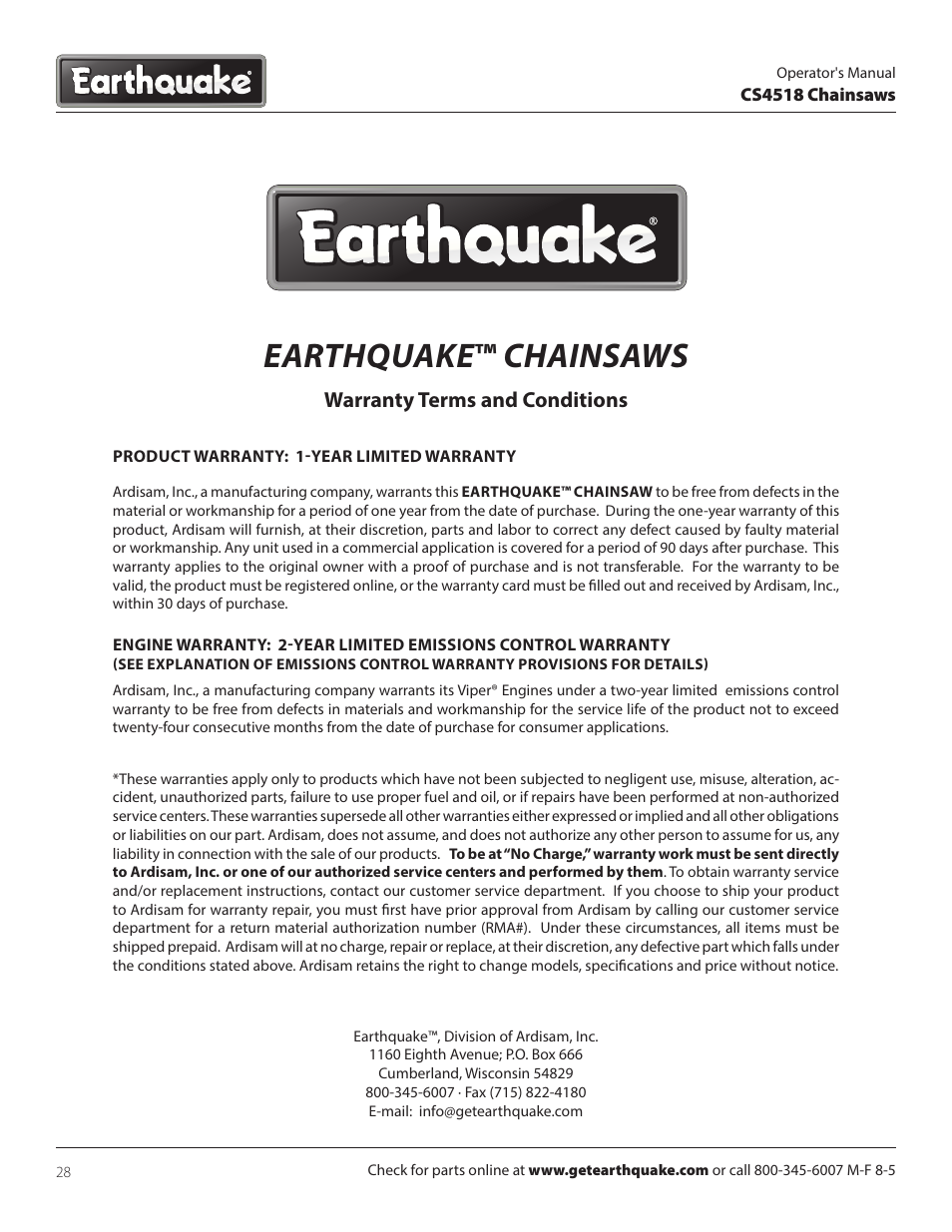 Earthquake ™ chainsaws, Warranty terms and conditions | EarthQuake CS4518 User Manual | Page 28 / 32