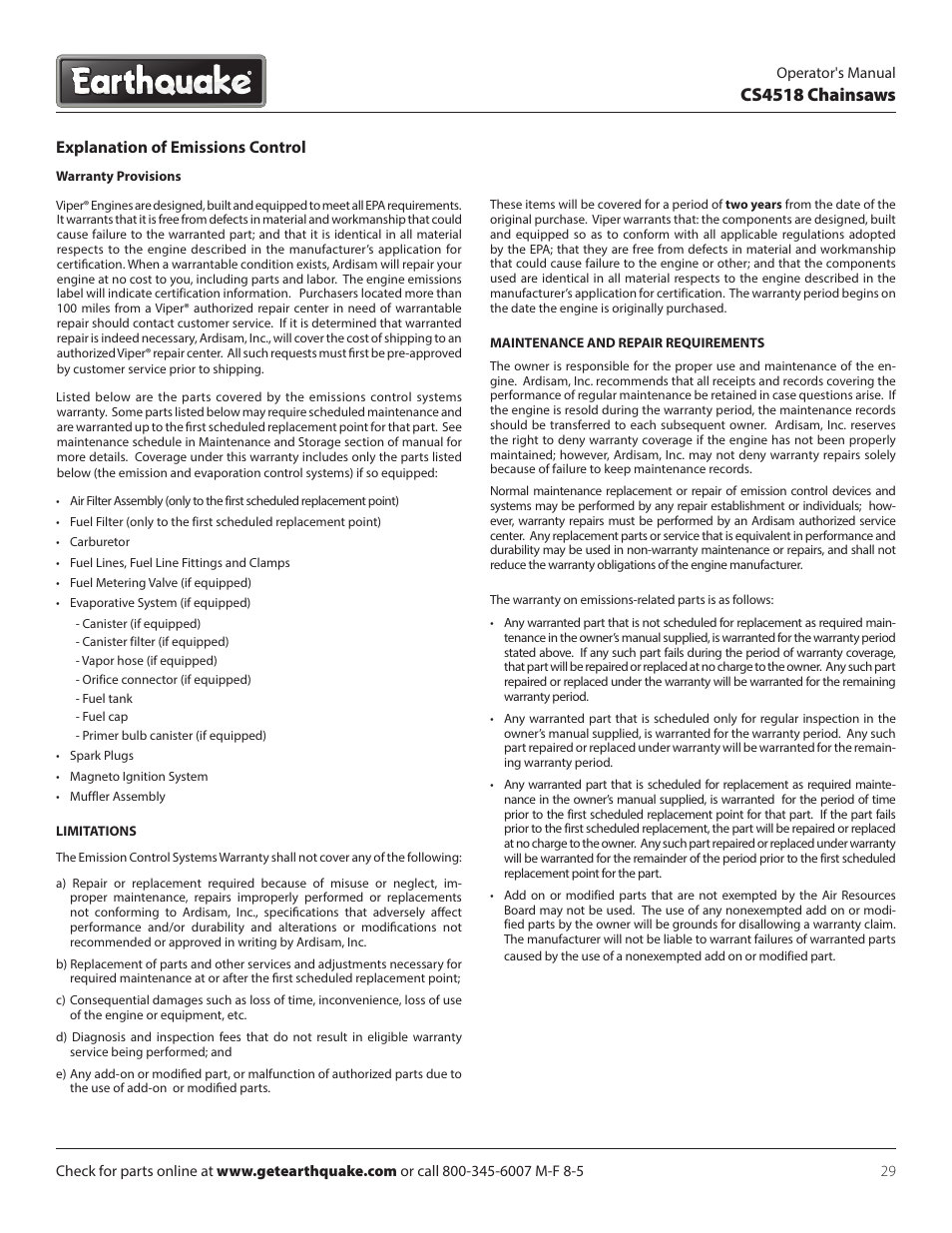 Cs4518 chainsaws, Explanation of emissions control | EarthQuake CS4518 User Manual | Page 29 / 32