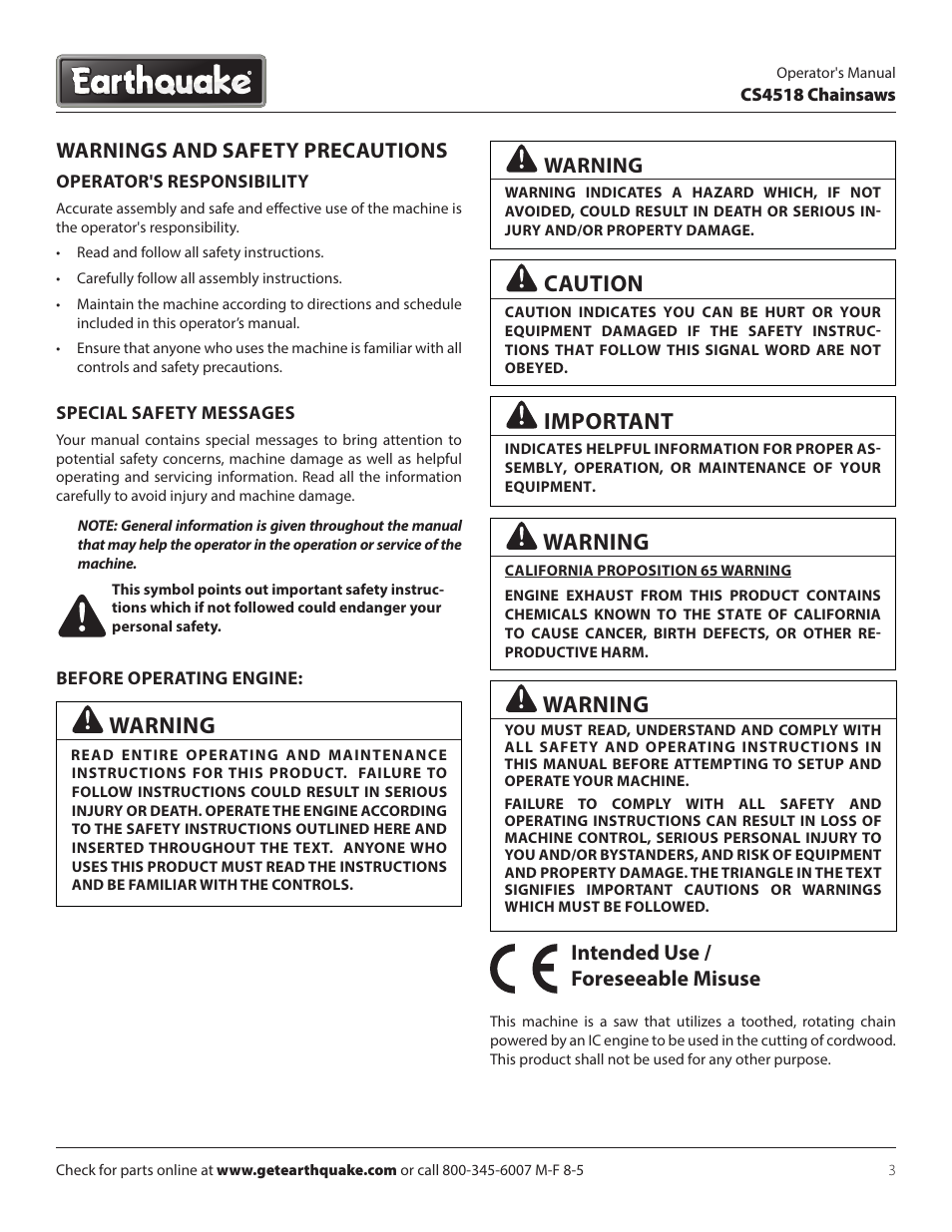 Warning, Caution, Important | Warnings and safety precautions, Intended use / foreseeable misuse | EarthQuake CS4518 User Manual | Page 3 / 32