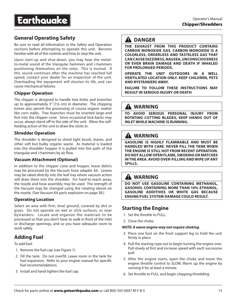 Starting the engine, General operating safety, Adding fuel | Danger, Warning | EarthQuake 14267 User Manual | Page 13 / 40