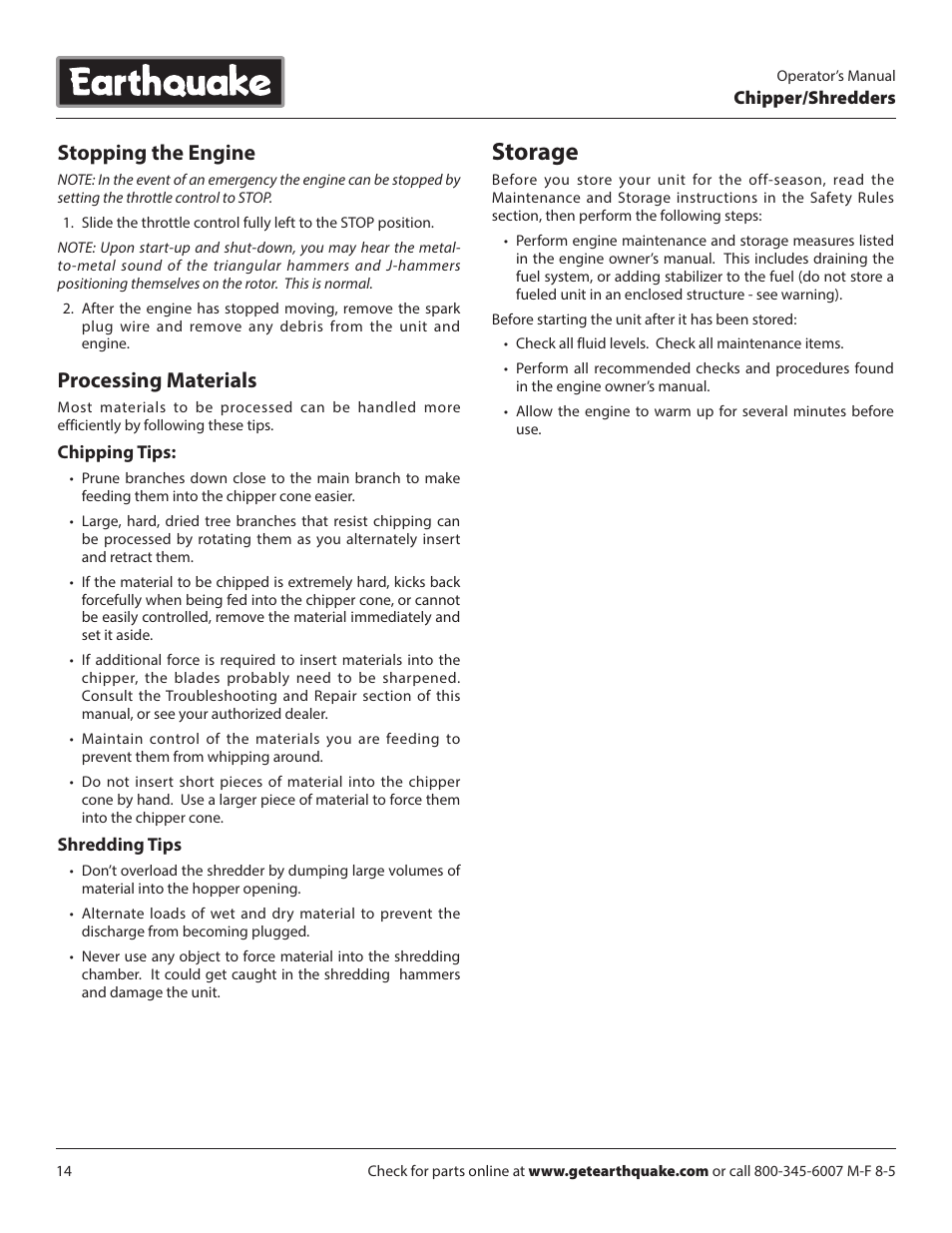 Storage, Stopping the engine, Processing materials | EarthQuake 14267 User Manual | Page 14 / 40