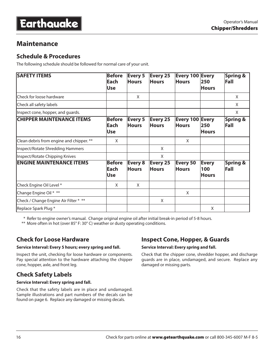 Maintenance, Schedule & procedures, Check for loose hardware | Check safety labels, Inspect cone, hopper, & guards | EarthQuake 14267 User Manual | Page 16 / 40