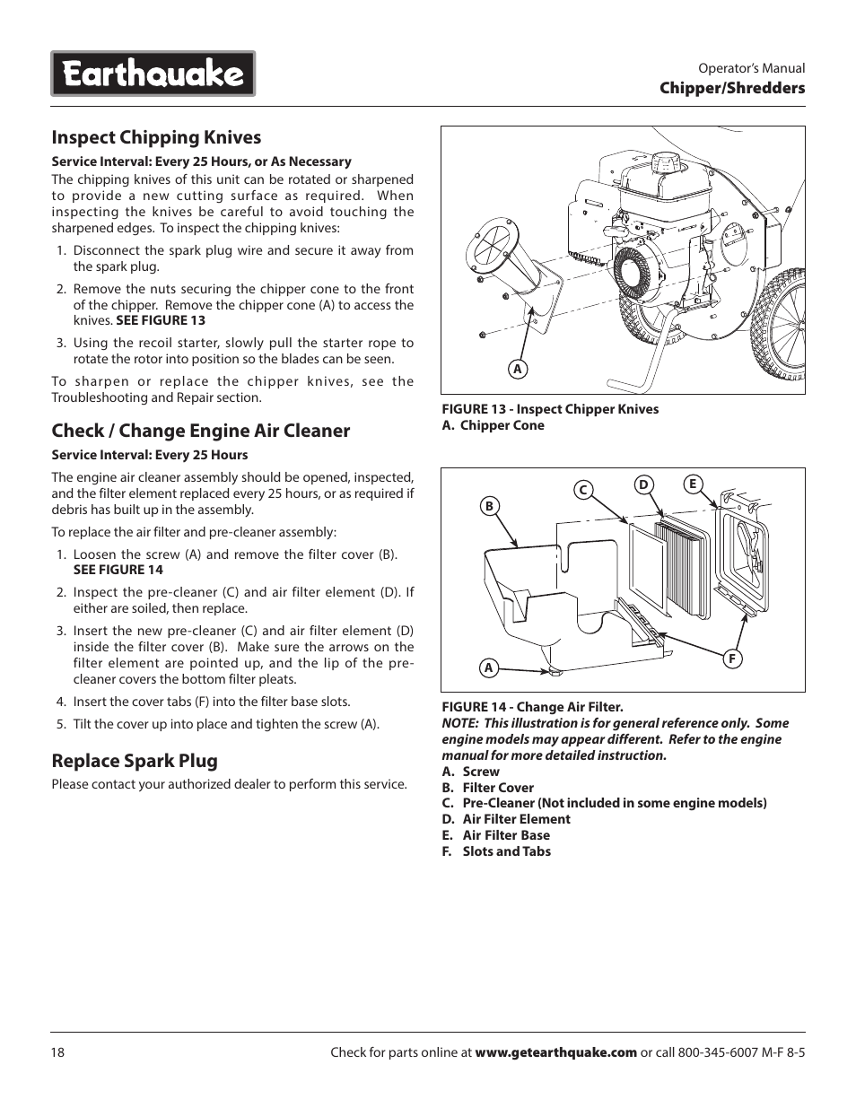 Inspect chipping knives, Check / change engine air cleaner, Replace spark plug | EarthQuake 14267 User Manual | Page 18 / 40