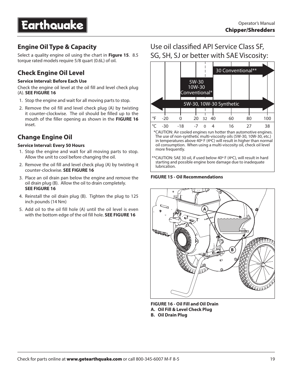 Engine oil type & capacity, Check engine oil level, Change engine oil | EarthQuake 14267 User Manual | Page 19 / 40