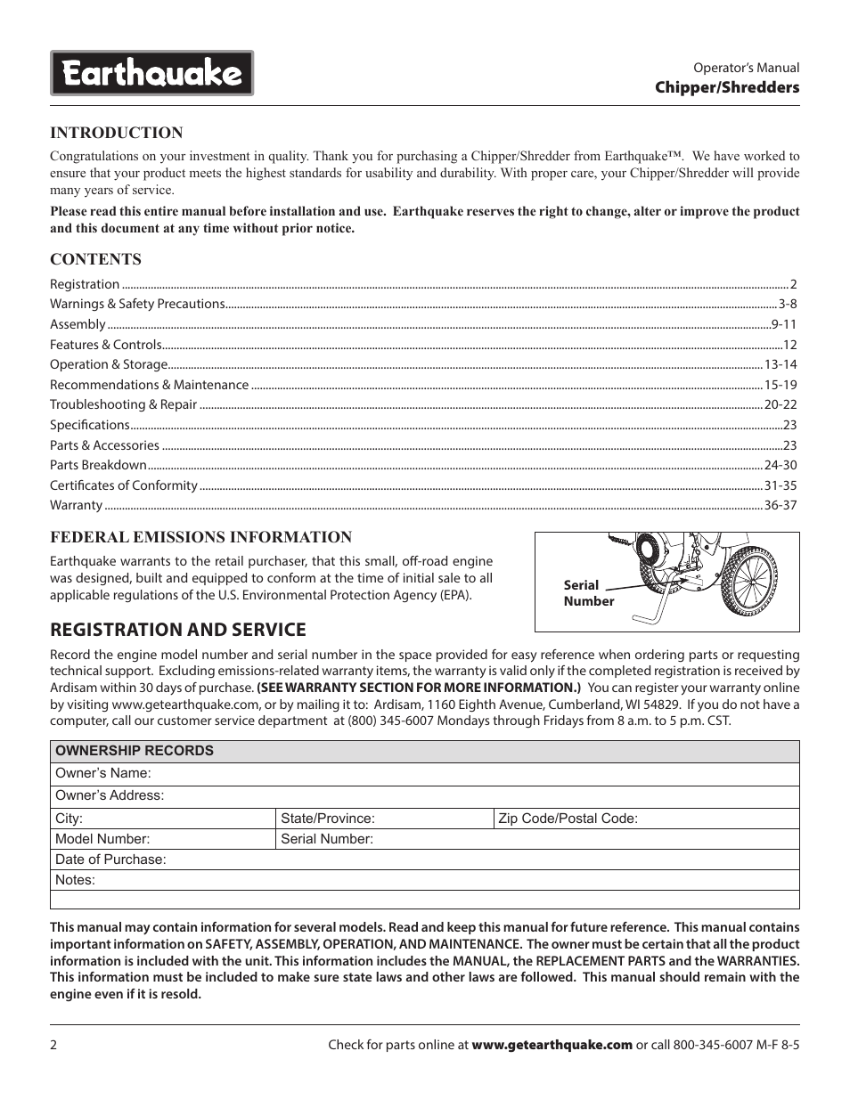 Registration and service | EarthQuake 14267 User Manual | Page 2 / 40