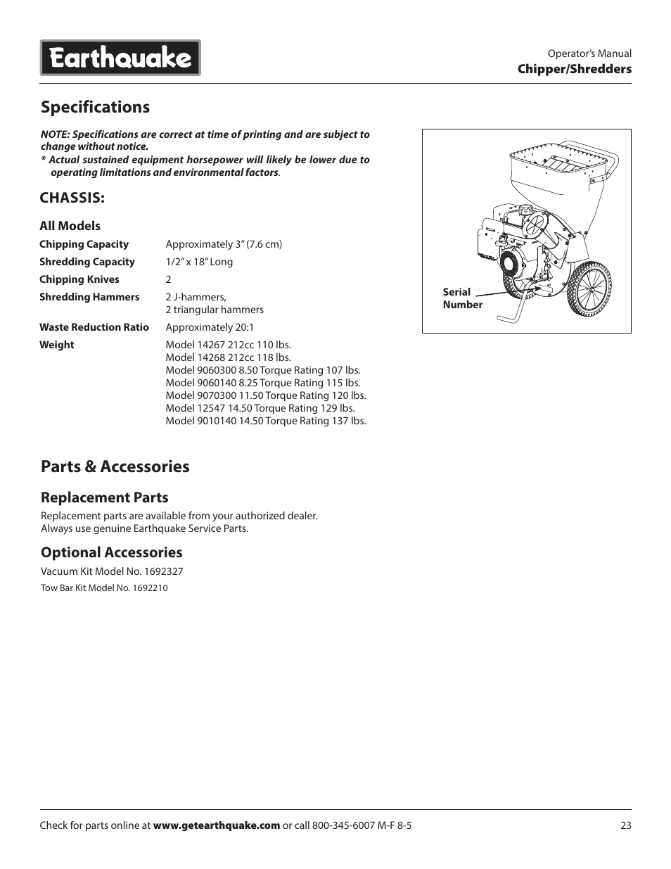 Specifications parts & accessories, Chassis, Replacement parts | Optional accessories | EarthQuake 14267 User Manual | Page 23 / 40