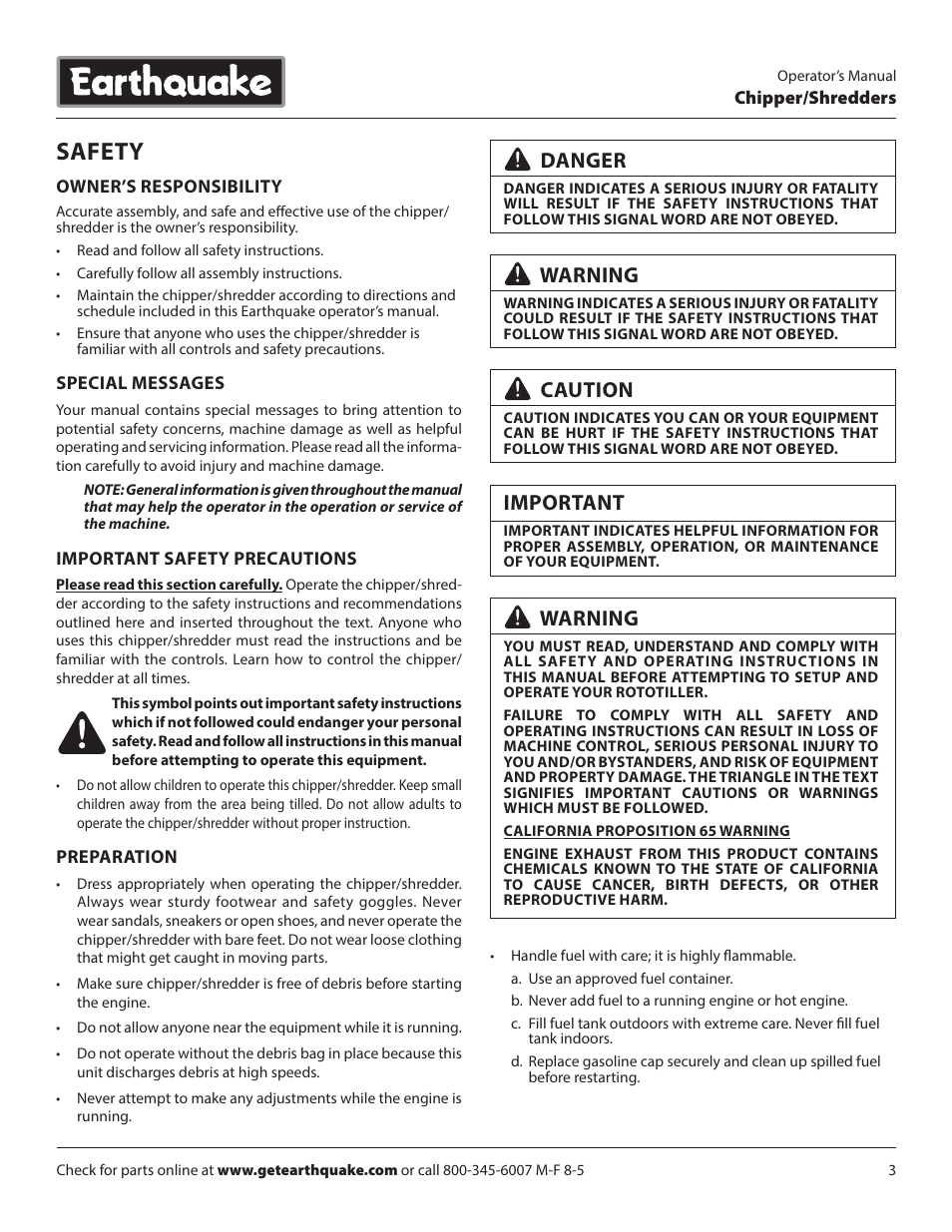 Safety, Danger, Warning | Caution, Important | EarthQuake 14267 User Manual | Page 3 / 40