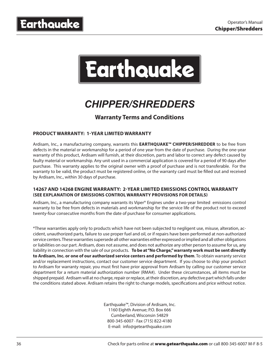 Chipper/shredders, Warranty terms and conditions | EarthQuake 14267 User Manual | Page 36 / 40