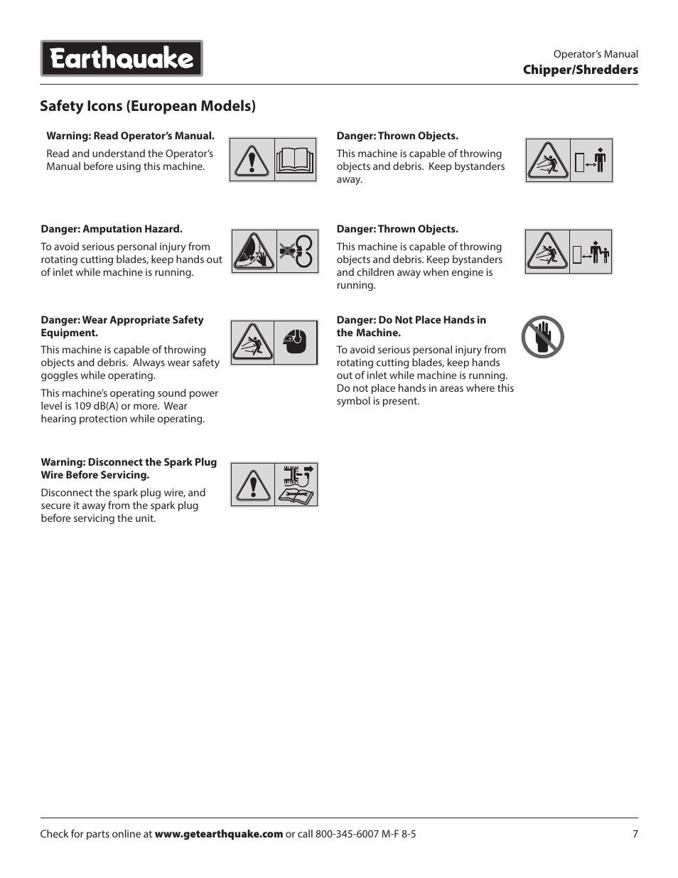 Safety icons (european models), Chipper/shredders | EarthQuake 14267 User Manual | Page 7 / 40