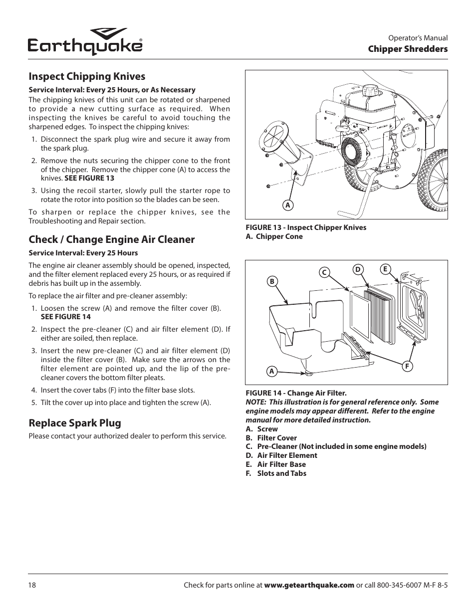 Inspect chipping knives, Check / change engine air cleaner, Replace spark plug | EarthQuake 9070300 User Manual | Page 18 / 40