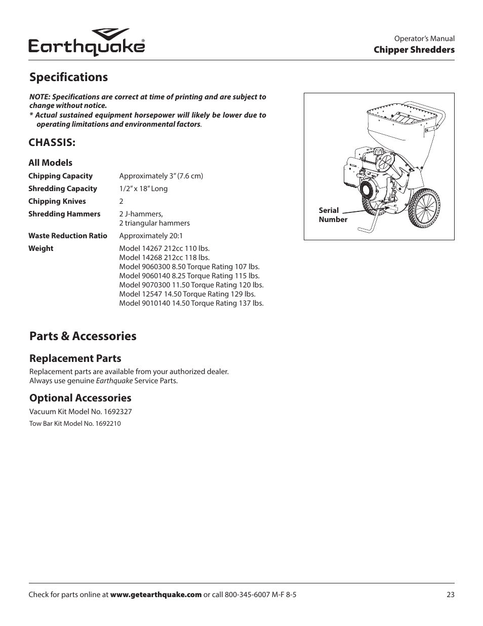 Specifications parts & accessories, Chassis, Replacement parts | Optional accessories | EarthQuake 9070300 User Manual | Page 23 / 40