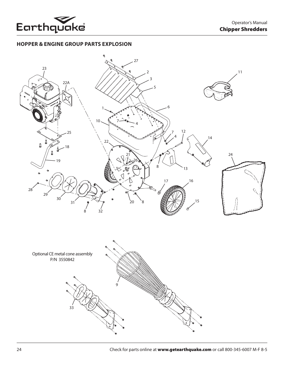Chipper shredders, Hopper & engine group parts explosion | EarthQuake 9070300 User Manual | Page 24 / 40