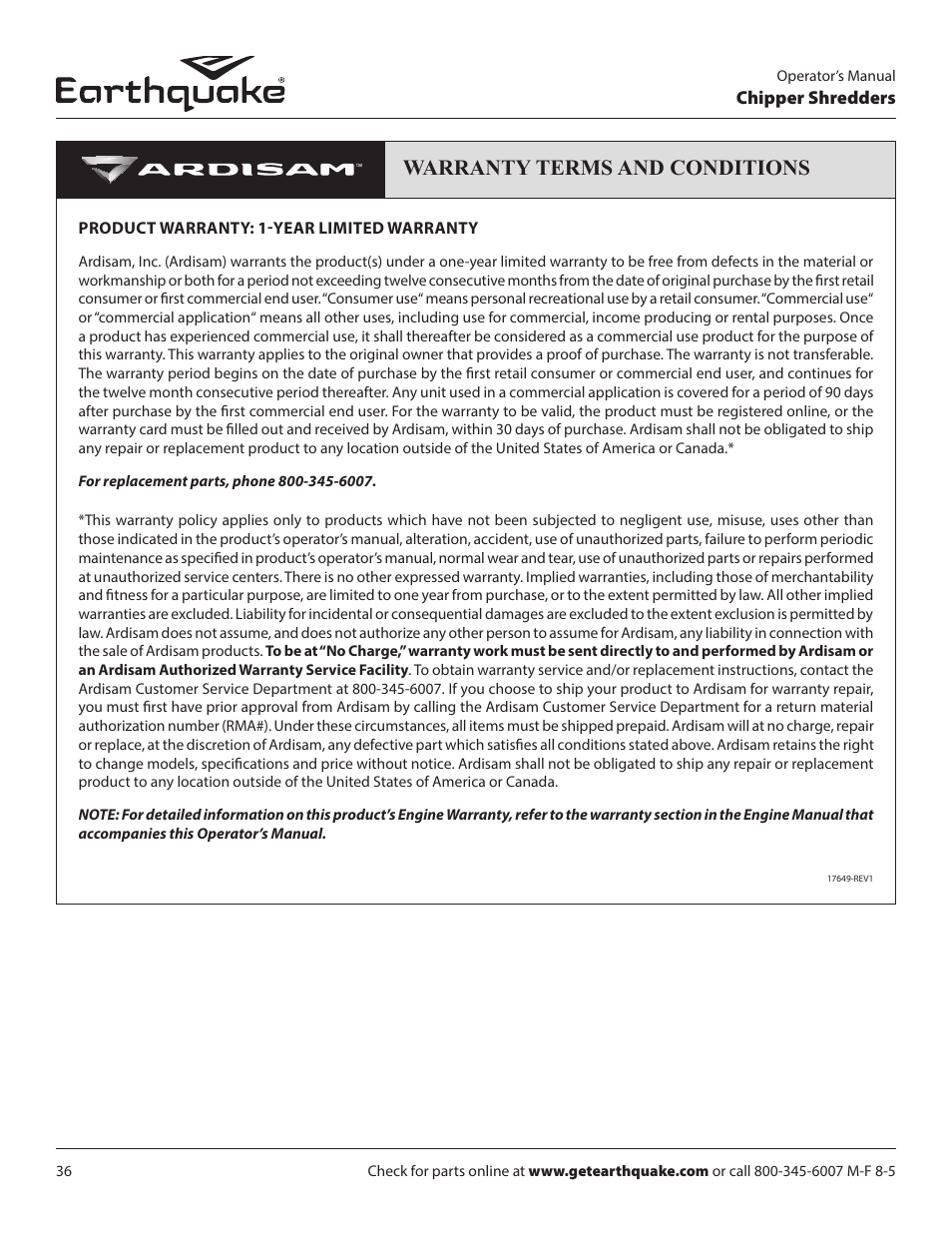 Warranty terms and conditions | EarthQuake 9070300 User Manual | Page 36 / 40