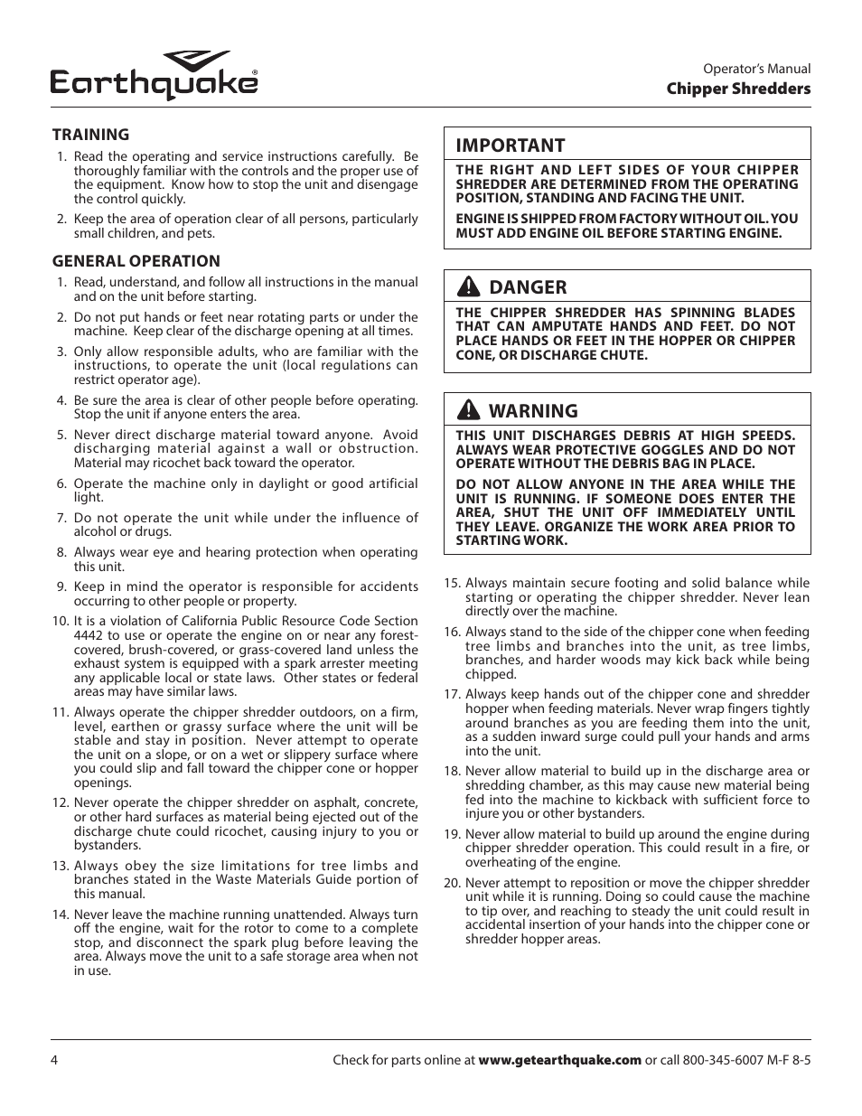 Important, Danger, Warning | EarthQuake 9070300 User Manual | Page 4 / 40