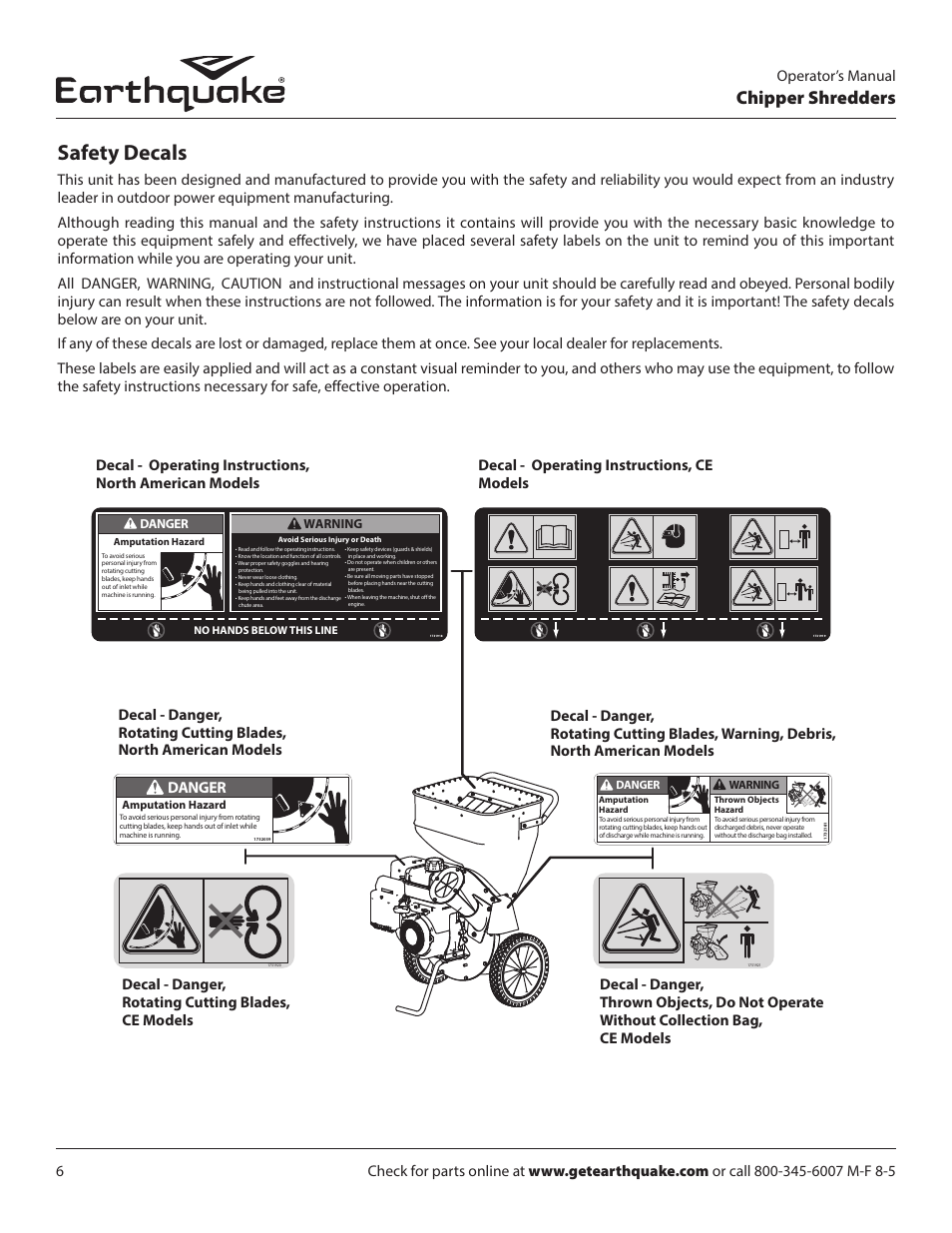 Safety decals, Chipper shredders, Operator’s manual | Danger | EarthQuake 9070300 User Manual | Page 6 / 40