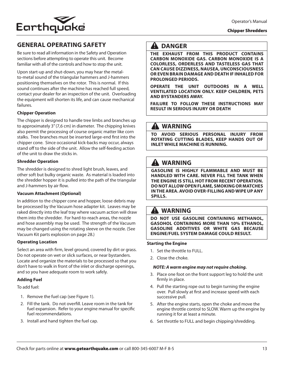 General operating safety, Danger, Warning | EarthQuake 9060300 User Manual | Page 13 / 40