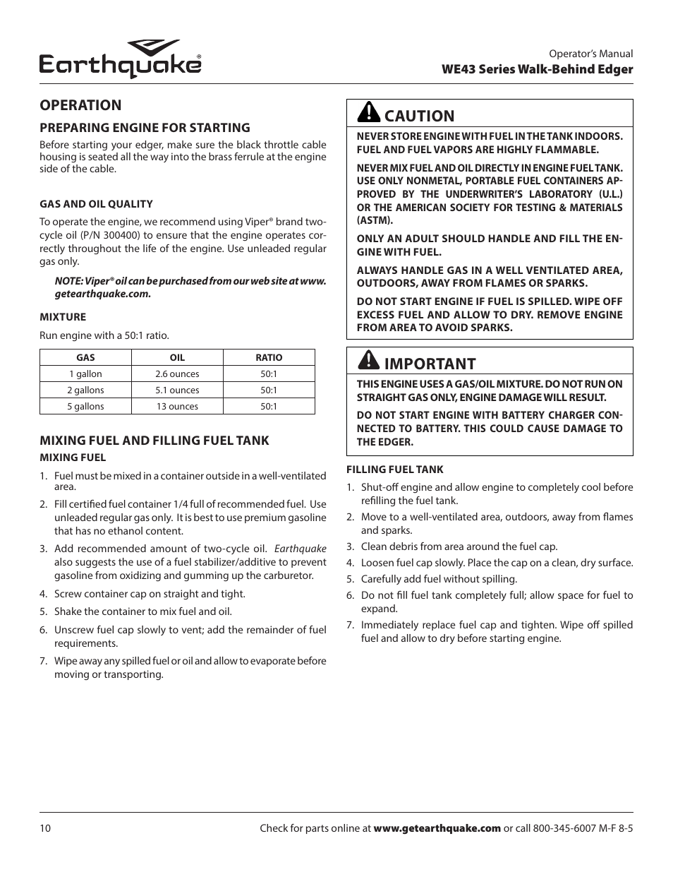Caution, Important, Operation | EarthQuake WE43E User Manual | Page 10 / 28