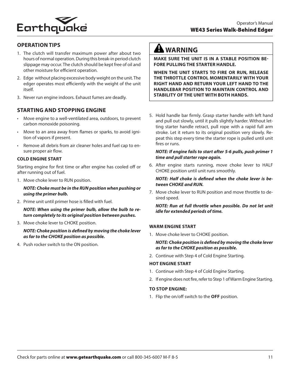 Warning | EarthQuake WE43E User Manual | Page 11 / 28
