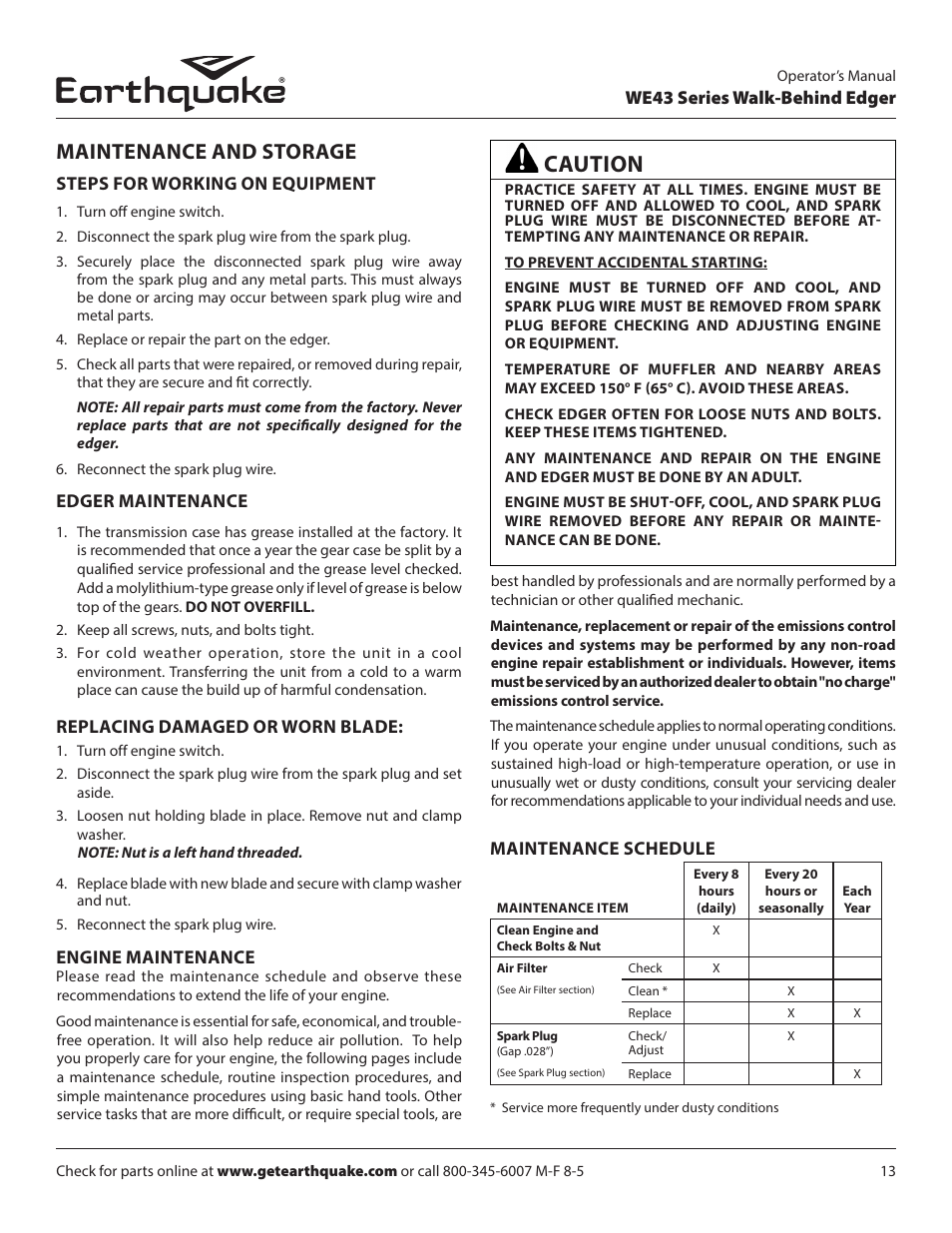 Caution, Maintenance and storage | EarthQuake WE43E User Manual | Page 13 / 28