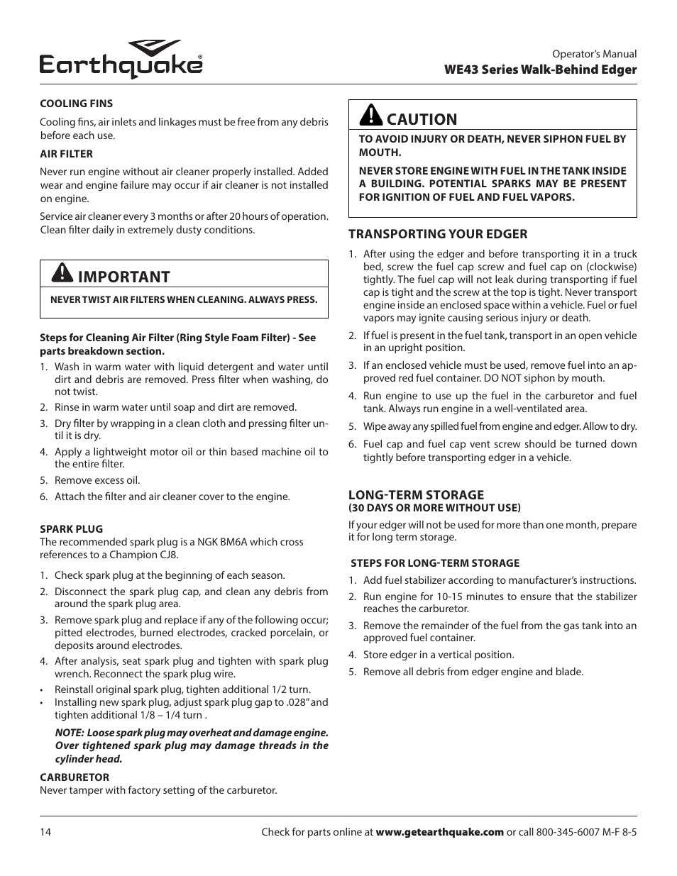 Caution, Important | EarthQuake WE43E User Manual | Page 14 / 28