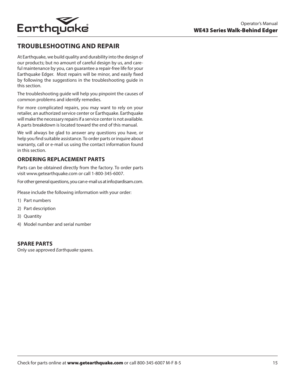 Troubleshooting and repair | EarthQuake WE43E User Manual | Page 15 / 28