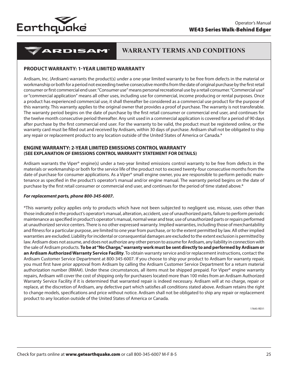 Warranty terms and conditions | EarthQuake WE43E User Manual | Page 25 / 28