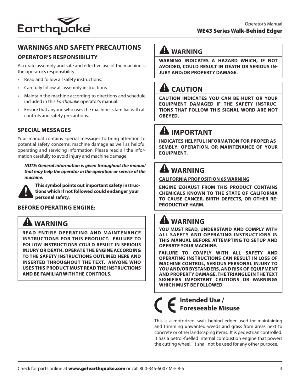 Caution, Important, Intended use / foreseeable misuse | Warnings and safety precautions, Warning | EarthQuake WE43E User Manual | Page 3 / 28