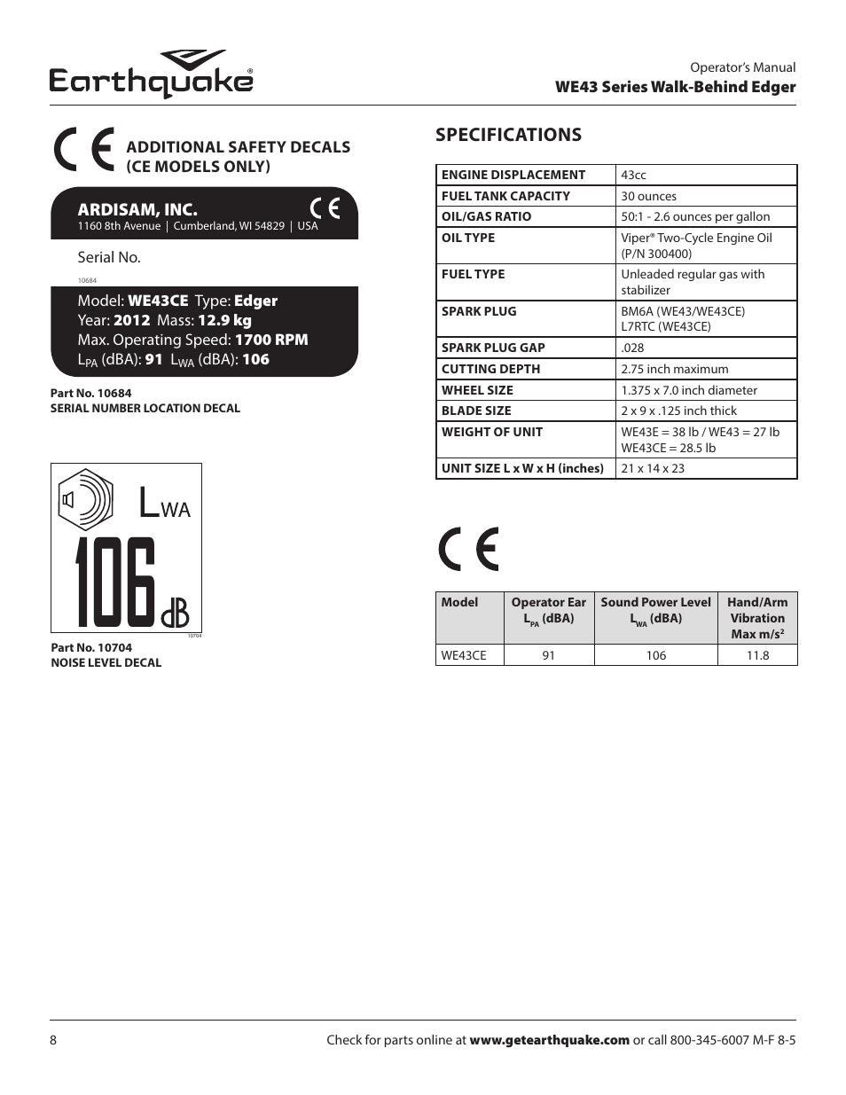 Specifications | EarthQuake WE43E User Manual | Page 8 / 28