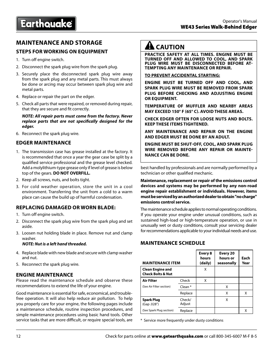 Caution, Maintenance and storage | EarthQuake WE43E User Manual | Page 12 / 24