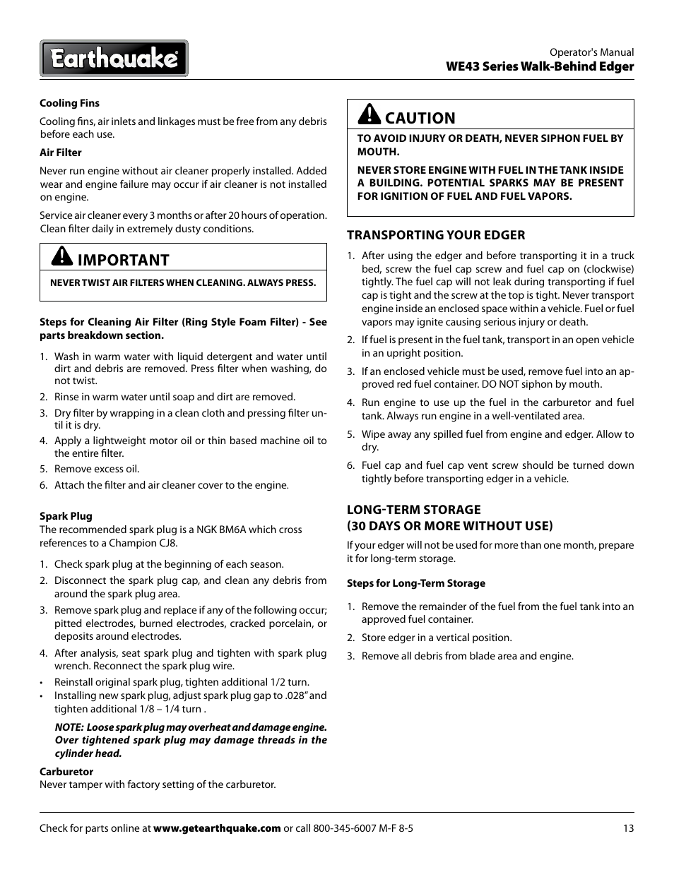 Important, Caution | EarthQuake WE43E User Manual | Page 13 / 24