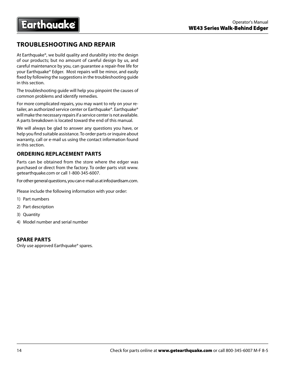 Troubleshooting and repair | EarthQuake WE43E User Manual | Page 14 / 24