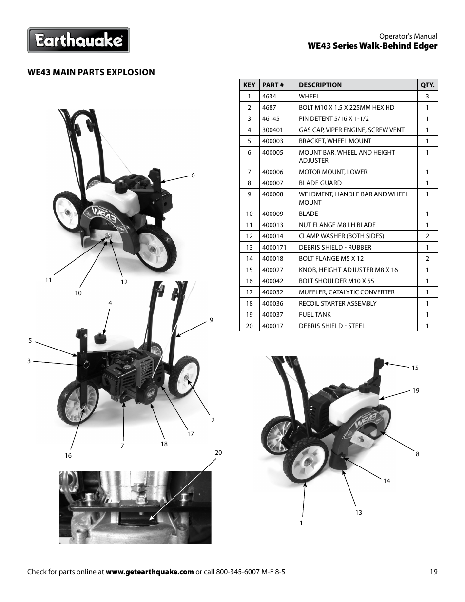 We43 series walk-behind edger, We43 main parts explosion | EarthQuake WE43E User Manual | Page 19 / 24