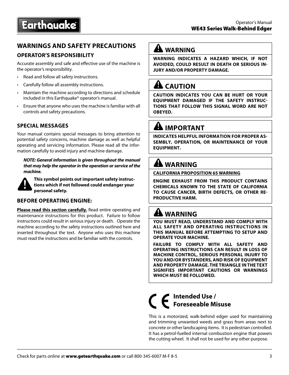 Caution, Important, Intended use / foreseeable misuse | Warnings and safety precautions, Warning | EarthQuake WE43E User Manual | Page 3 / 24