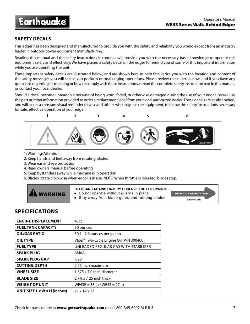 Specifications | EarthQuake WE43E User Manual | Page 7 / 24